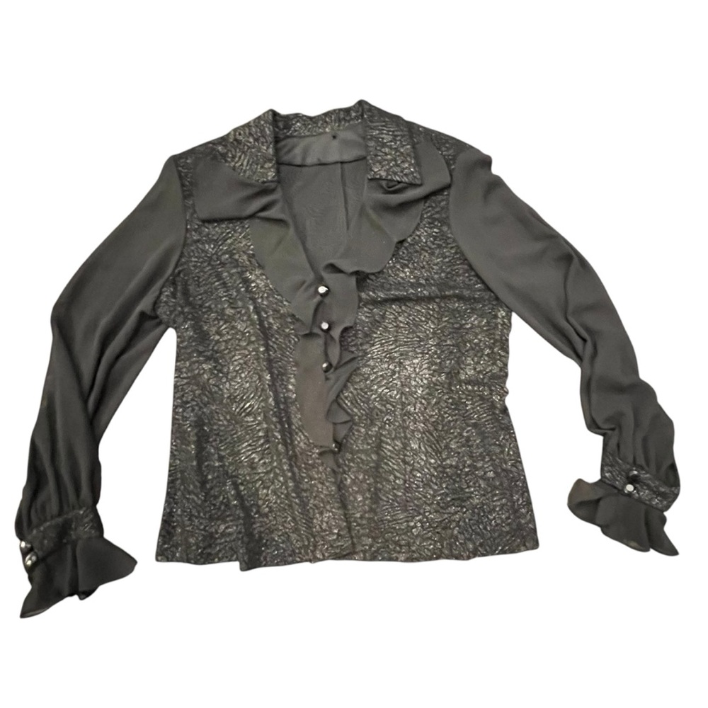 ALEX‎ EVENINGS Black SPARKLE CHIFFON Ruffle Button-Up Blouse Top Sz Small Medium